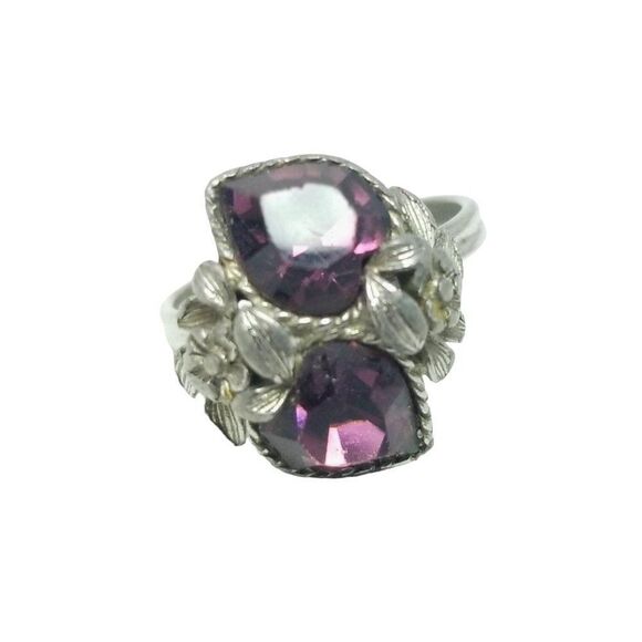 Vintage Heart Shape Purple Rhinestone Ring with Silver Tone Adjust Band, Leaf - Picture 1 of 7